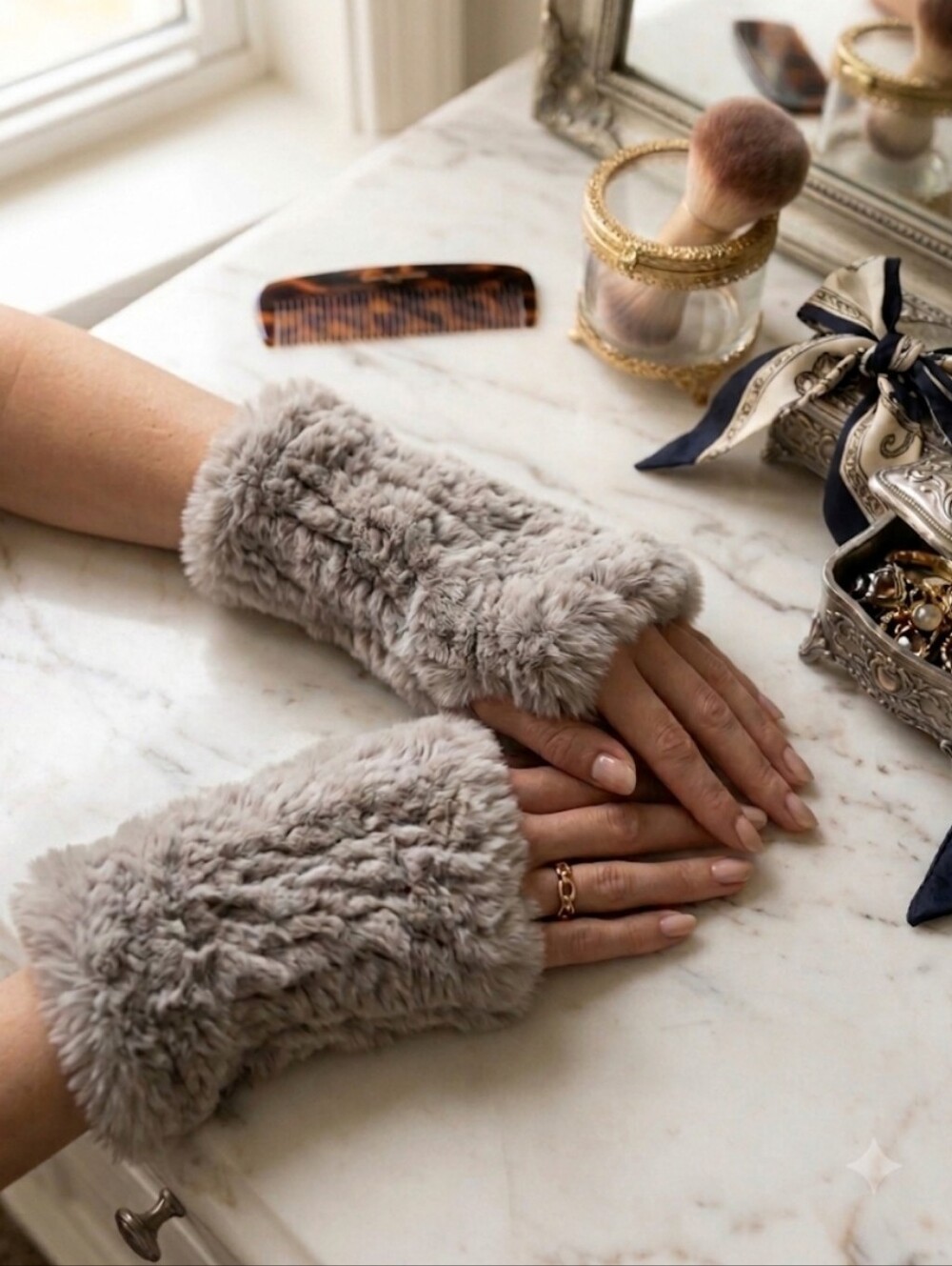 Brand New Real Rex Rabbit Fur Fingerless Gloves Arm Warmers – Cool Beige / Taupe